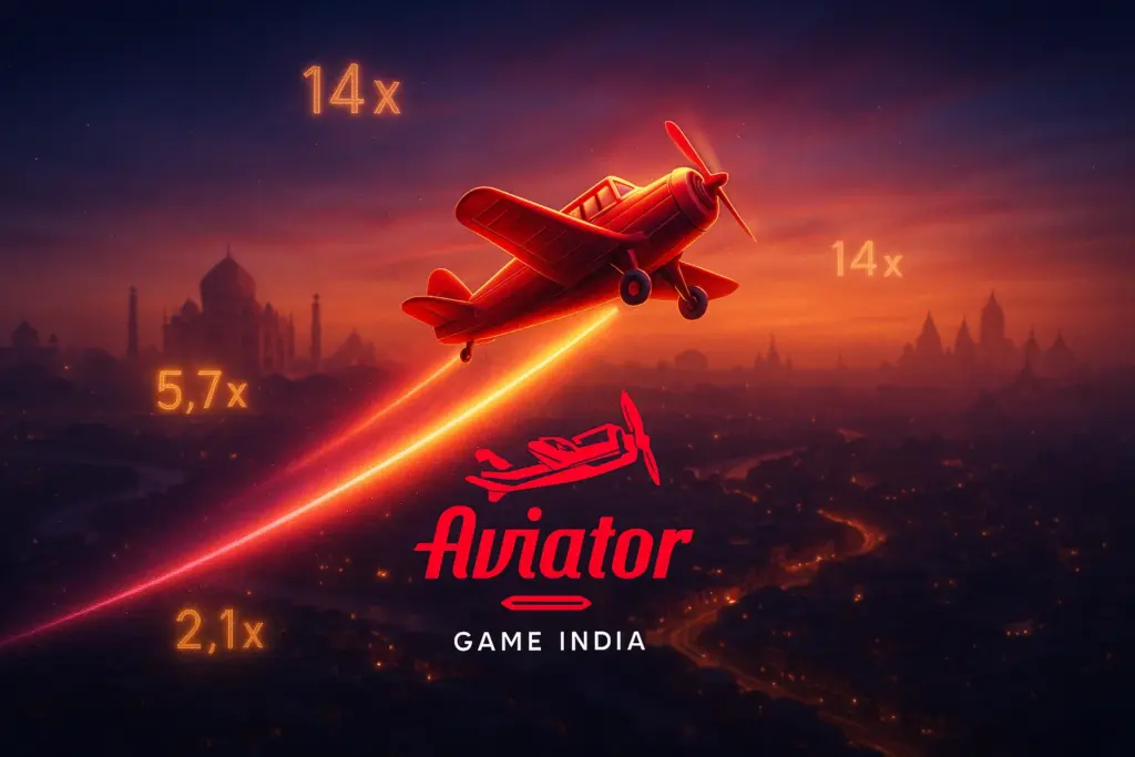 Aviator Game India illustration featuring a glowing red airplane rising over an Indian city at sunset with multiplier numbers like 14x, 5.7x, and 2.1x in the sky